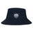 The Villanova Rugby Club Crusher Bucket Cap by EMB S&S Activewear is a navy cotton twill hat with a crest of two lions, a shield, crown, and "Rugby" on the front, combining style with sun protection.