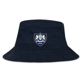 The Villanova Rugby Club Crusher Bucket Cap by EMB S&S Activewear is a navy cotton twill hat with a crest of two lions, a shield, crown, and "Rugby" on the front, combining style with sun protection.
