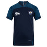 The Villanova Rugby Club Vapodri Evader Jersey by EMB Canterbury features navy blue and dark teal, short sleeves, team crest and logo on the chest, and moisture-wicking Vapodri tech for comfort during every rugby match.