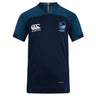 The Rugby VA Vapodri Evader Jersey by Canterbury is a navy blue, short-sleeve rugby jersey with moisture-wicking tech, EMB Canterbury logo on the right chest, and Rugby Viadana logo on the left chest.