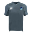 Grey short-sleeve Rugby VA Vapodri Evader Jersey by EMB Canterbury, featuring moisture-wicking Vapodri tech, Canterbury logo on right chest, and blue Rugby Virginia badge on left chest.