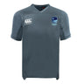 Grey short-sleeve Rugby VA Vapodri Evader Jersey by EMB Canterbury, featuring moisture-wicking Vapodri tech, Canterbury logo on right chest, and blue Rugby Virginia badge on left chest.