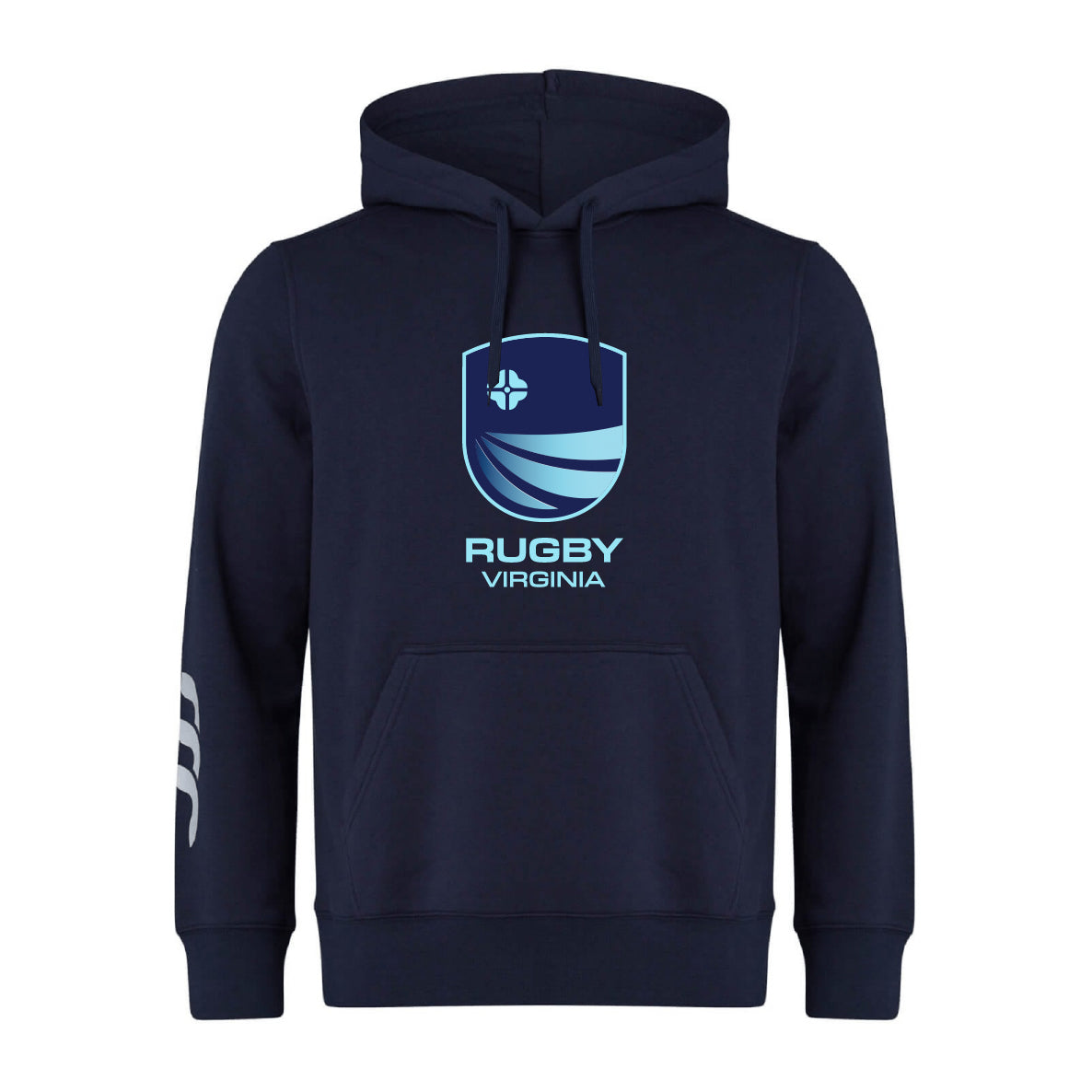 The Rugby VA Club Hoodie by WRS Canterbury features a navy blue design with a "Rugby Virginia" logo and abstract front graphic, plus a kangaroo on the left sleeve—ideal as a team hoodie for any Rugby Club.