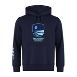 The Rugby VA Club Hoodie by WRS Canterbury features a navy blue design with a "Rugby Virginia" logo and abstract front graphic, plus a kangaroo on the left sleeve—ideal as a team hoodie for any Rugby Club.