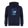The Rugby VA Club Hoodie by WRS Canterbury features a navy blue design with a "Rugby Virginia" logo and abstract front graphic, plus a kangaroo on the left sleeve—ideal as a team hoodie for any Rugby Club.
