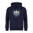The Villanova Rugby Club Hoodie by WRS Canterbury features a navy blue color, front pouch pocket, three white stripes on the left sleeve, and a Villanova Rugby crest with lions and crown on the chest.