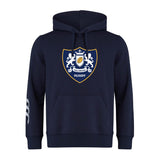 The Villanova Rugby Club Hoodie by WRS Canterbury features a navy blue color, front pouch pocket, three white stripes on the left sleeve, and a Villanova Rugby crest with lions and crown on the chest.