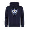 The Villanova Rugby Club Hoodie by WRS Canterbury features a navy blue color, front pouch pocket, three white stripes on the left sleeve, and a Villanova Rugby crest with lions and crown on the chest.