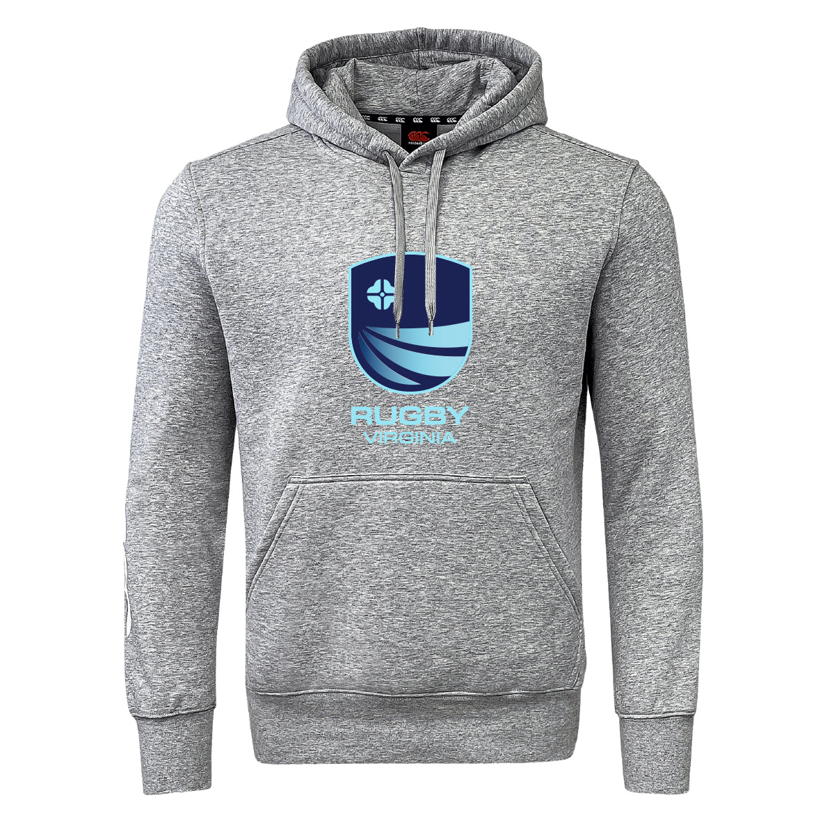 The Rugby VA Club Hoodie by Canterbury from WRS Canterbury features a gray design with front pocket, blue shield logo, and "Rugby Virginia" text on the chest—ideal for any fan or player.