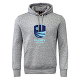 The Rugby VA Club Hoodie by Canterbury from WRS Canterbury features a gray design with front pocket, blue shield logo, and "Rugby Virginia" text on the chest—ideal for any fan or player.