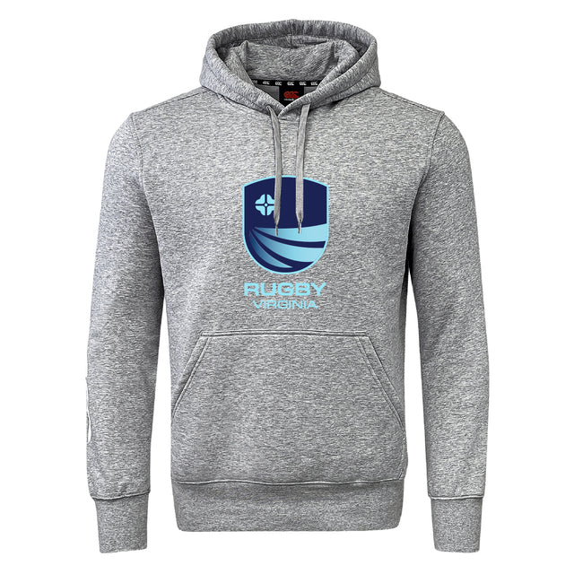 The Rugby VA Club Hoodie by Canterbury from WRS Canterbury features a gray design with front pocket, blue shield logo, and "Rugby Virginia" text on the chest—ideal for any fan or player.