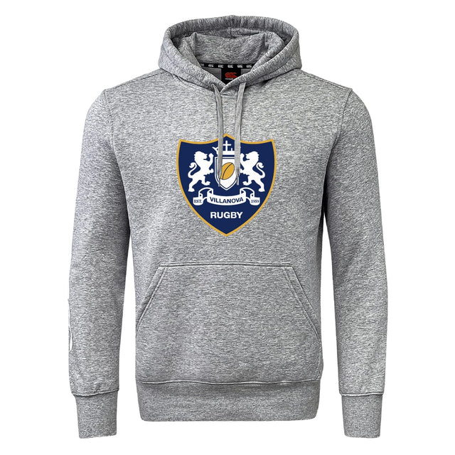 The Villanova Rugby Club Club Hoodie by Canterbury from WRS Canterbury features a gray design with a front pocket and blue shield crest—ideal for any rugby fan or player.