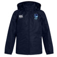 The Rugby VA Club Vaposhield Full Zip Rain Jacket by EMB Canterbury is a navy blue rain jacket with a front zipper, featuring white Canterbury and Rugby Victoria logos on the chest.