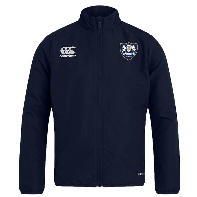 The Villanova Rugby Club Track Jacket by EMB Canterbury is a navy blue lightweight jacket with the club crest on the left chest and Canterbury logo on the right—perfect as a club track jacket.