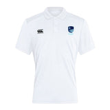 The EMB Canterbury Rugby VA Waimak Polo is a classic white men's short-sleeve rugby shirt with a collar and embroidered logos on both sides of the chest, offering timeless Canterbury style.