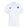 The EMB Canterbury Rugby VA Waimak Polo is a classic white men's short-sleeve rugby shirt with a collar and embroidered logos on both sides of the chest, offering timeless Canterbury style.