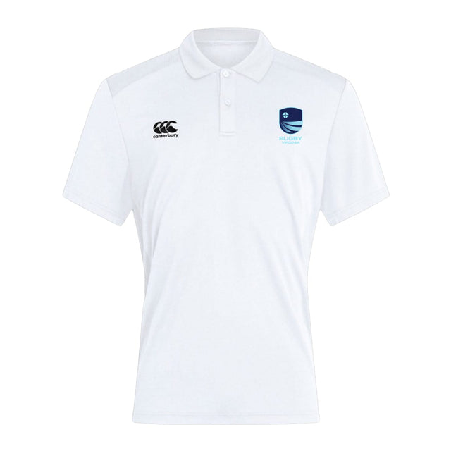 The EMB Canterbury Rugby VA Club Dry Polo is a white short-sleeve polo with a collar, Canterbury logo on the right chest, blue shield emblem on the left, and Vapodri Technology for breathable comfort.