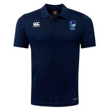 The Rugby VA Club Dry Polo by EMB Canterbury is a navy blue, short-sleeve polo with a collar, Rugby League chest logos, and advanced Vapodri Technology for breathable comfort—ideal for active days.
