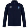 The Rugby VA Club 1/4 Zip Mid Layer Training Top by EMB Canterbury in navy features a Canterbury logo on the right chest and Rugby branding on the left—ideal for training sessions.
