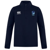 The Rugby VA Club 1/4 Zip Mid Layer Training Top by EMB Canterbury in navy features a Canterbury logo on the right chest and Rugby branding on the left—ideal for training sessions.