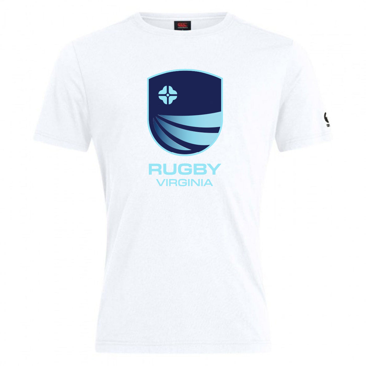 The Rugby VA Club Plain Tee by WRS Canterbury is a white cotton blend shirt featuring a blue shield logo and "RUGBY VIRGINIA" in light blue on the front.