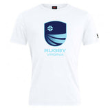 The Rugby VA Club Plain Tee by WRS Canterbury is a white cotton blend shirt featuring a blue shield logo and "RUGBY VIRGINIA" in light blue on the front.