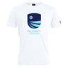 The Rugby VA Club Plain Tee by WRS Canterbury is a white cotton blend shirt featuring a blue shield logo and "RUGBY VIRGINIA" in light blue on the front.