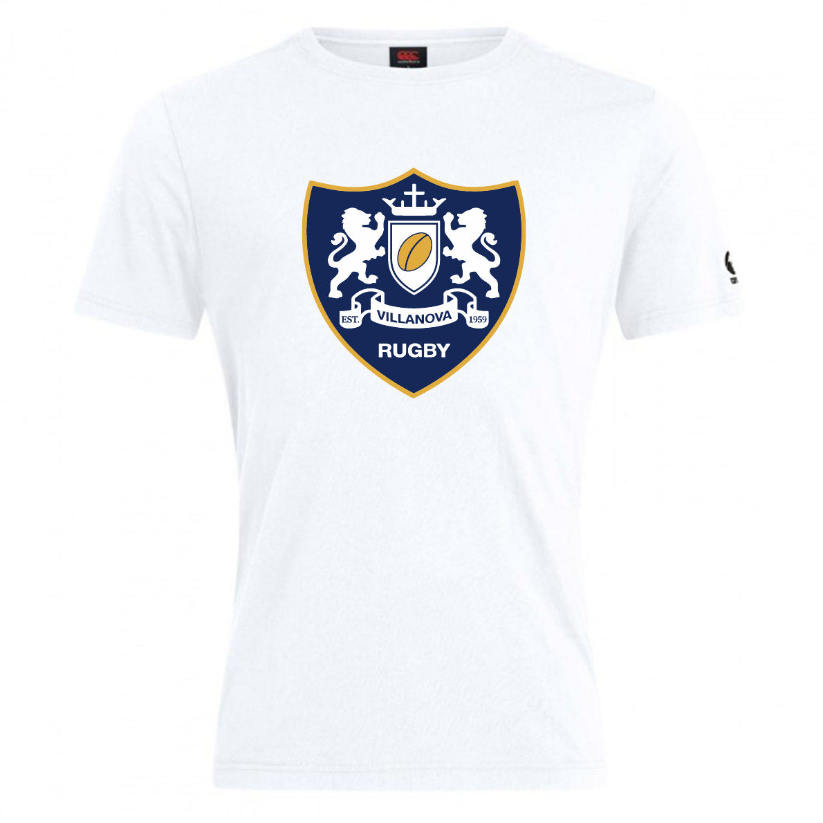 The Villanova Rugby Club Plain Tee by WRS Canterbury is a white cotton-blend t-shirt featuring a classic blue and gold crest with two lions, a crown, and "RUGBY" beneath the shield—perfect for fans seeking customization.