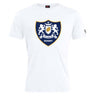 The Villanova Rugby Club Plain Tee by WRS Canterbury is a white cotton-blend t-shirt featuring a classic blue and gold crest with two lions, a crown, and "RUGBY" beneath the shield—perfect for fans seeking customization.