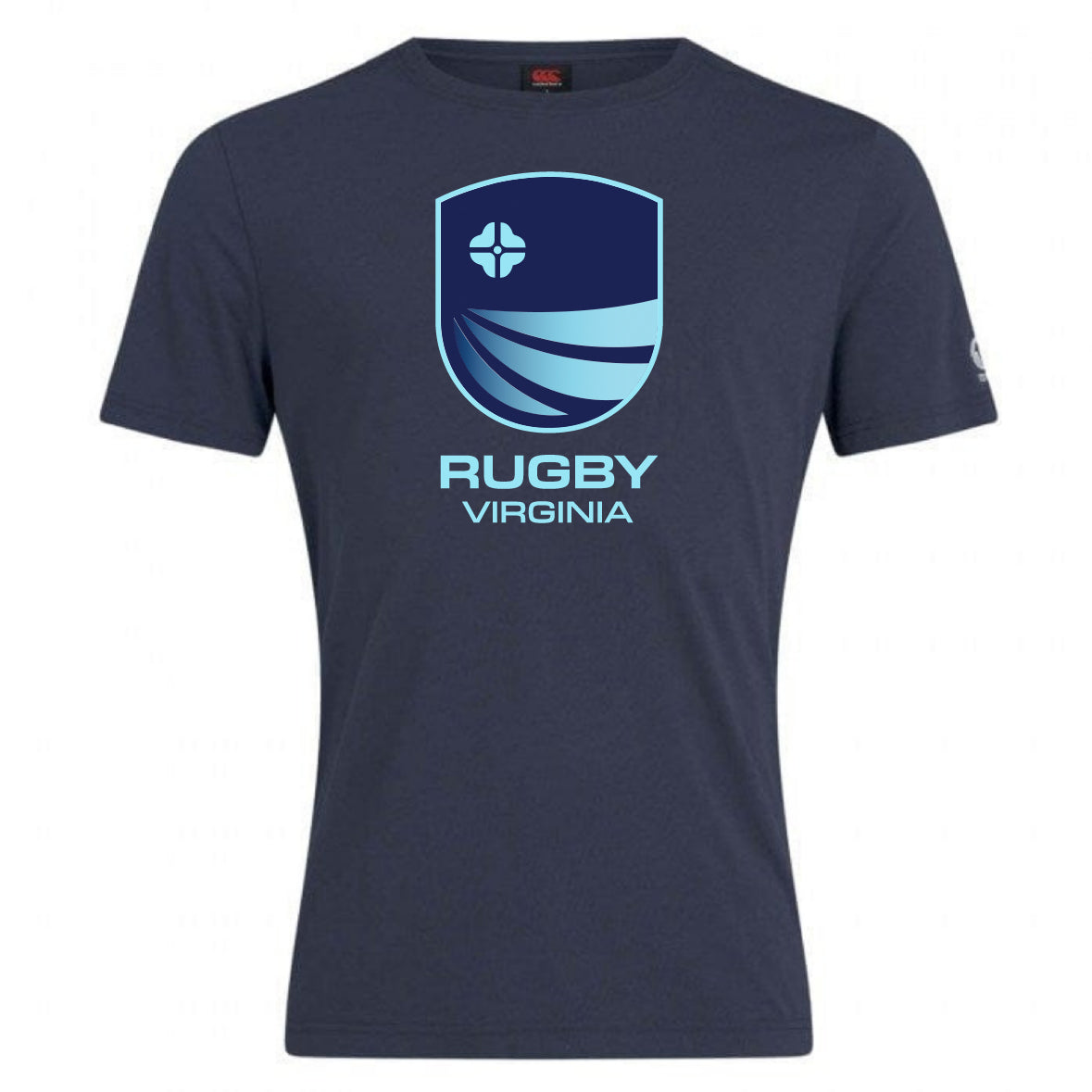 The Rugby VA Club Plain Tee by WRS Canterbury is a navy cotton blend t-shirt with a blue shield logo, white cross and wave design, and "RUGBY VIRGINIA" text on the front.