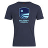 The Rugby VA Club Plain Tee by WRS Canterbury is a navy cotton blend t-shirt with a blue shield logo, white cross and wave design, and "RUGBY VIRGINIA" text on the front.