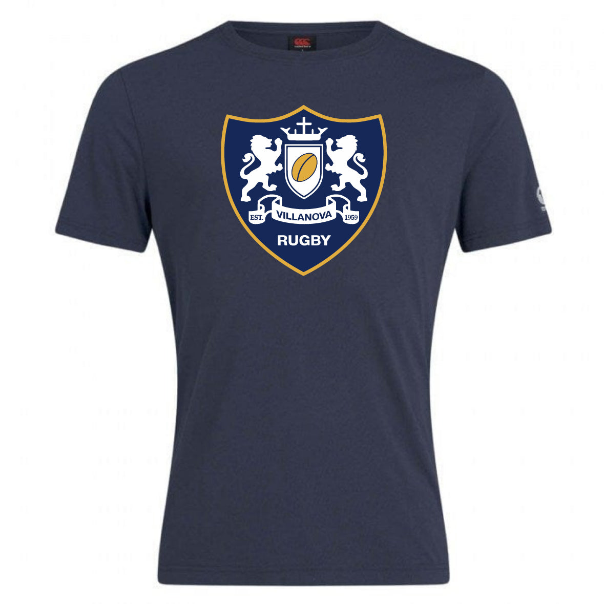 Show your team spirit in the Villanova Rugby Club Plain Tee by WRS Canterbury, a navy blue cotton blend shirt featuring the club’s logo with two lions, a shield, and "RUGBY" printed on the front; customizable for your squad.