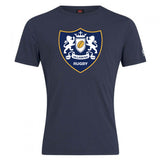 Show your team spirit in the Villanova Rugby Club Plain Tee by WRS Canterbury, a navy blue cotton blend shirt featuring the club’s logo with two lions, a shield, and "RUGBY" printed on the front; customizable for your squad.