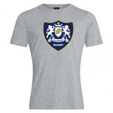 The Villanova Rugby Club Plain Tee by WRS Canterbury is a gray cotton blend t-shirt with a crest of two lions, shield, "VILLANOVA," and "RUGBY" below—ideal for fans who want comfort and team spirit.