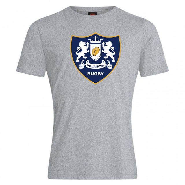 The Villanova Rugby Club Plain Tee by WRS Canterbury is a gray cotton blend t-shirt with a crest of two lions, shield, "VILLANOVA," and "RUGBY" below—ideal for fans who want comfort and team spirit.