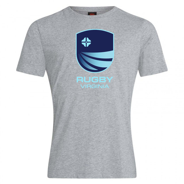 The Rugby VA Club Plain Tee by WRS Canterbury is a gray short-sleeve cotton blend shirt with a blue rugby logo and "Rugby Virginia" on the chest—ideal for customizing and showing your team spirit.