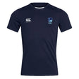 The Rugby VA Club Dry Tee by EMB Canterbury is a navy short-sleeve workout tee featuring Vapodri Technology, a white "Canterbury" logo on the right chest, and a blue Rugby crest on the left chest.