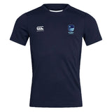 The Rugby VA Club Dry Tee by EMB Canterbury is a navy short-sleeve workout tee featuring Vapodri Technology, a white "Canterbury" logo on the right chest, and a blue Rugby crest on the left chest.