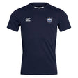 The Villanova Rugby Club Club Dry Tee by EMB Canterbury is a navy blue short sleeve shirt with Vapodri Technology, a white Canterbury logo on the right chest, and a blue and white crest on the left—perfect for workouts.