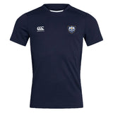 The Villanova Rugby Club Club Dry Tee by EMB Canterbury is a navy blue short sleeve shirt with Vapodri Technology, a white Canterbury logo on the right chest, and a blue and white crest on the left—perfect for workouts.