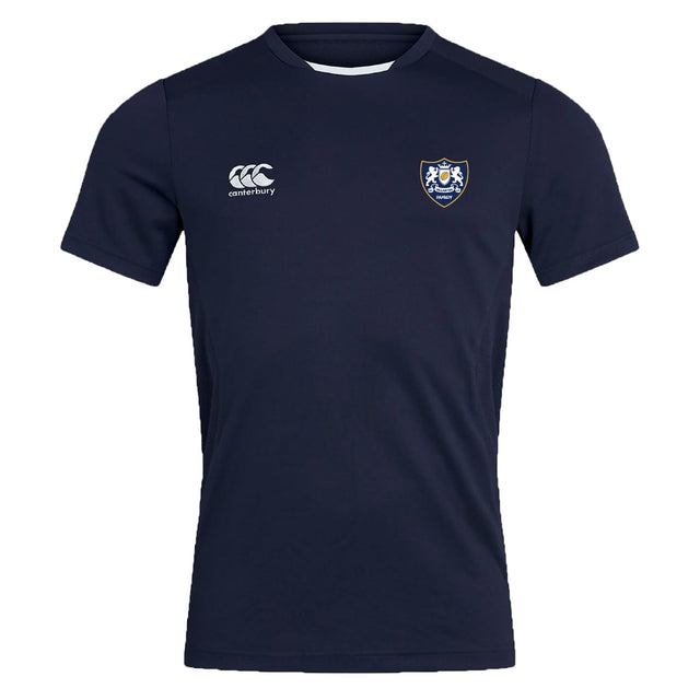 The Villanova Rugby Club Club Dry Tee by EMB Canterbury is a navy blue short sleeve shirt with Vapodri Technology, a white Canterbury logo on the right chest, and a blue and white crest on the left—perfect for workouts.