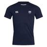 The Villanova Rugby Club Club Dry Tee by EMB Canterbury is a navy blue short sleeve shirt with Vapodri Technology, a white Canterbury logo on the right chest, and a blue and white crest on the left—perfect for workouts.