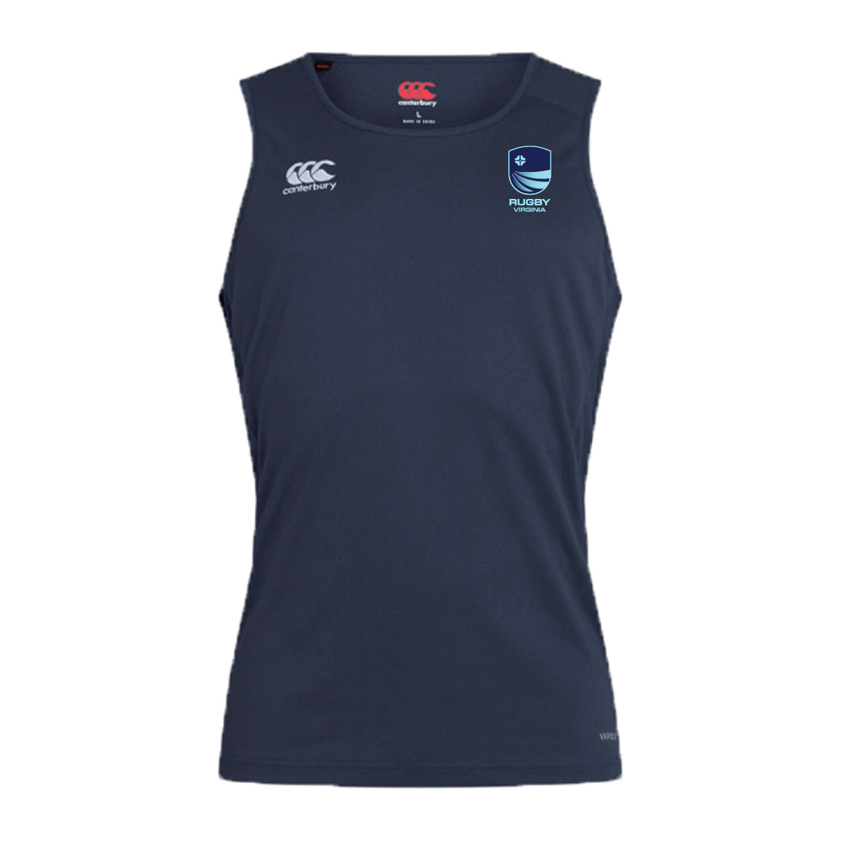 The Rugby VA Club Dry Singlet by EMB Canterbury is a navy sleeveless athletic shirt with Canterbury and rugby emblems, featuring Vapodri Technology for superior comfort—an ideal addition to your athletic gear collection.