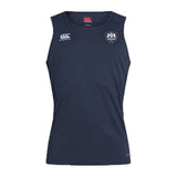 The Villanova Rugby Club Club Dry Singlet by EMB Canterbury is a sleeveless navy top with Vapodri Technology, a white Canterbury logo on the right chest, and a two-lion crest on the left—ideal for high-performance play.