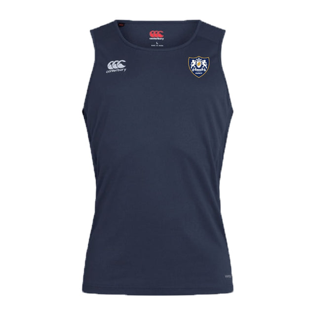 The Villanova Rugby Club Club Dry Singlet by EMB Canterbury is a sleeveless navy top with Vapodri Technology, a white Canterbury logo on the right chest, and a two-lion crest on the left—ideal for high-performance play.