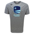 The Rugby VA Tempo Vapodri T-Shirt by WRS Canterbury is a gray athletic tee with short sleeves, a blue Rugby Virginia logo on the chest, and features moisture-wicking fabric for active days.