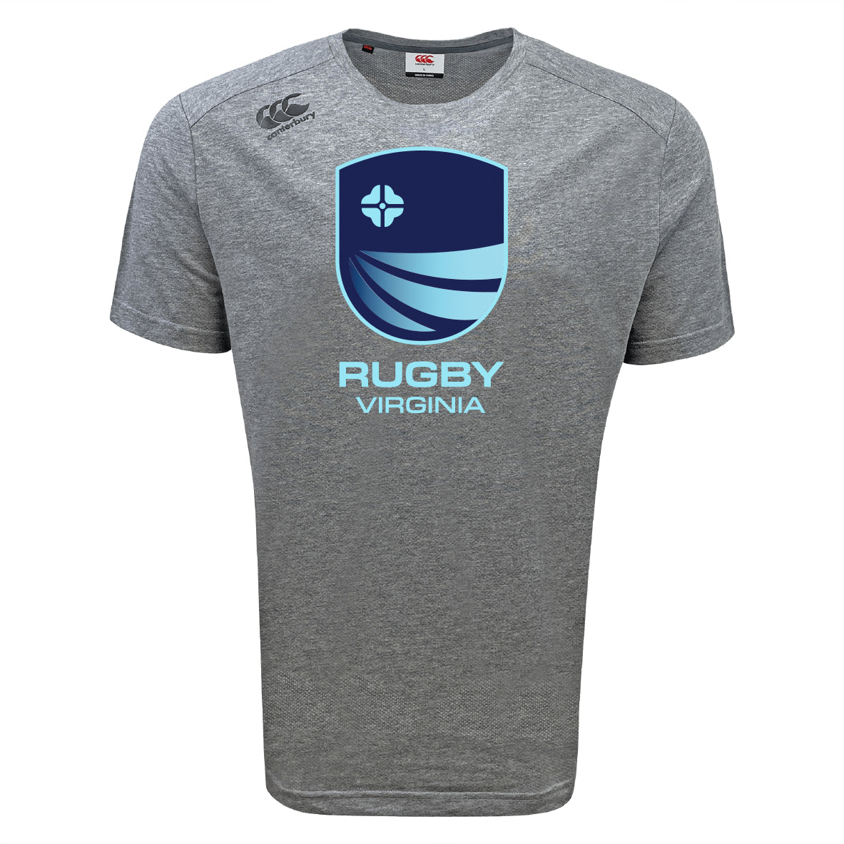 The Rugby VA Tempo Vapodri T-Shirt by WRS Canterbury is a gray athletic tee with short sleeves, a blue Rugby Virginia logo on the chest, and features moisture-wicking fabric for active days.