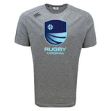 The Rugby VA Tempo Vapodri T-Shirt by WRS Canterbury is a gray athletic tee with short sleeves, a blue Rugby Virginia logo on the chest, and features moisture-wicking fabric for active days.