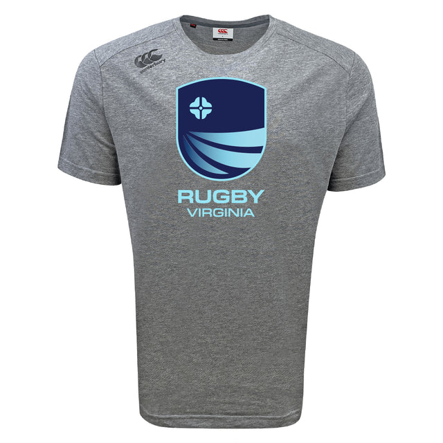 The Rugby VA Tempo Vapodri T-Shirt by WRS Canterbury is a gray athletic tee with short sleeves, a blue Rugby Virginia logo on the chest, and features moisture-wicking fabric for active days.