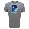 The Rugby VA Tempo Vapodri T-Shirt by WRS Canterbury is a gray athletic tee with short sleeves, a blue Rugby Virginia logo on the chest, and features moisture-wicking fabric for active days.